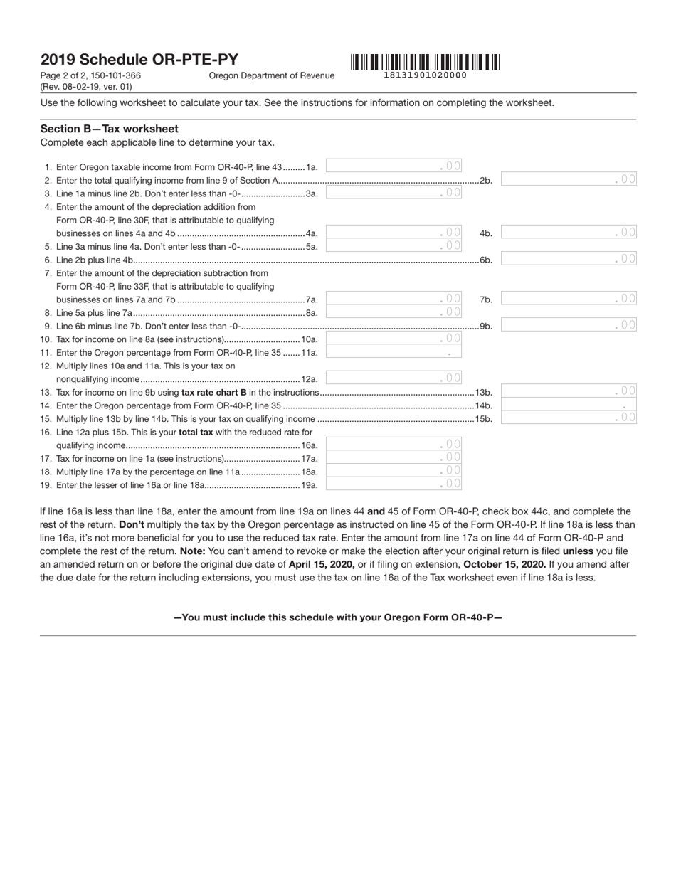 Form 150-101-366 Schedule OR-PTE-PY Qualified Business Income Reduced Tax Rate Schedule for Oregon Part-Year Residents - Oregon, Page 2
