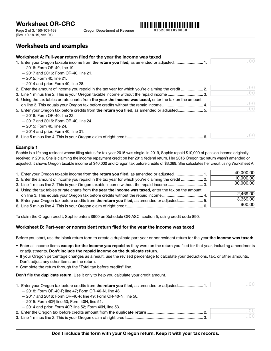 Form 150-101-168 Worksheet OR-CRC Claim of Right Income Repayments - Oregon, Page 2