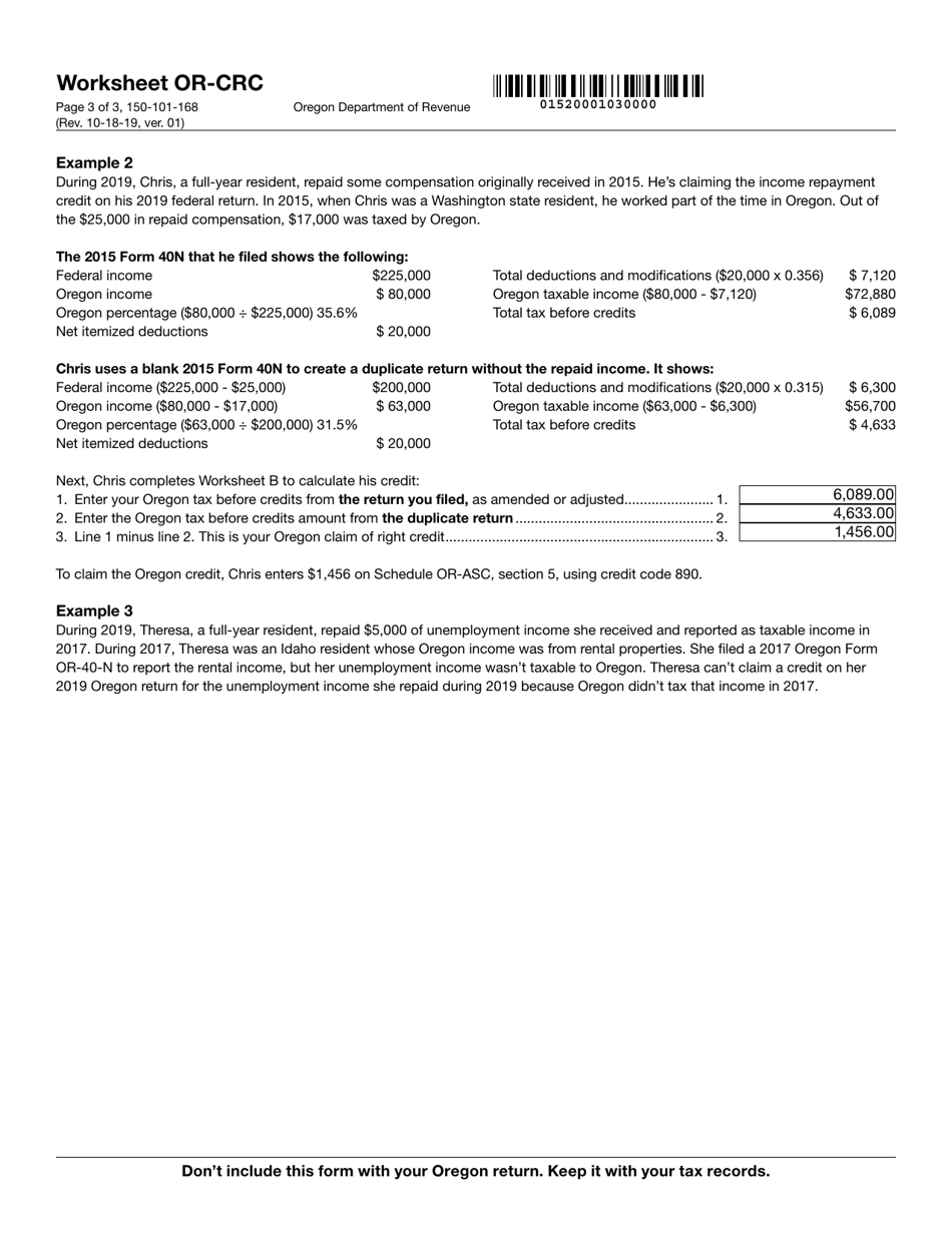 Form 150-101-168 Worksheet OR-CRC Claim of Right Income Repayments - Oregon, Page 3