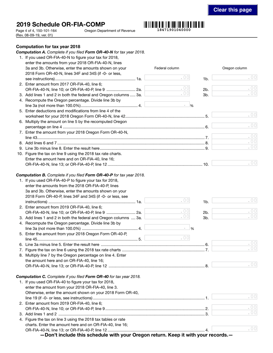 Form 150-101-164 Schedule OR-FIA-COMP Oregon Farm Income Averaging Computation of Tax - Oregon, Page 4