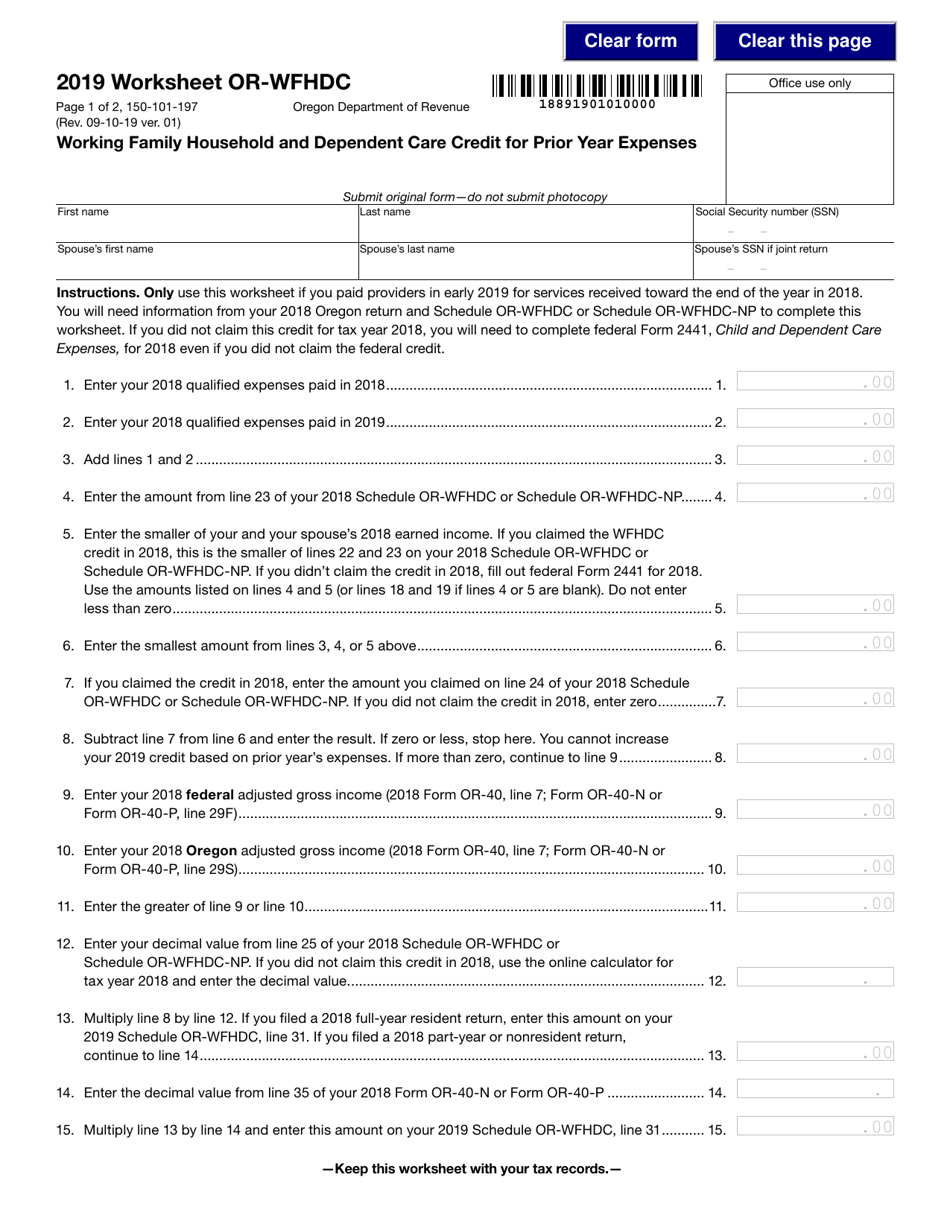 Form 150-101-197 Worksheet OR-WFHDC Working Family Household and Dependent Care Credit for Prior Year Expenses - Oregon, Page 1