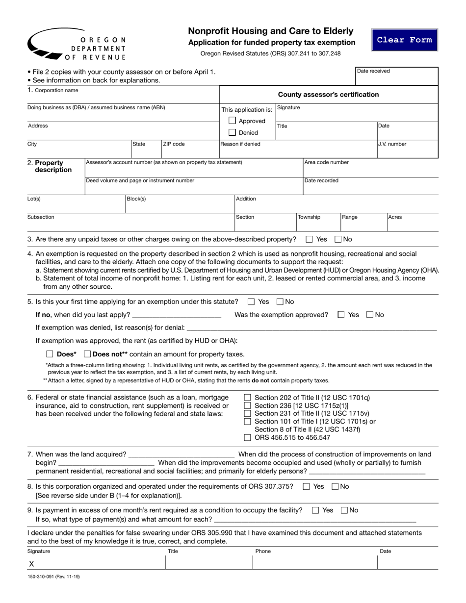 Form 150-310-091 Nonprofit Housing and Care to Elderly (Application for Funded Property Tax Exemption) - Oregon, Page 1