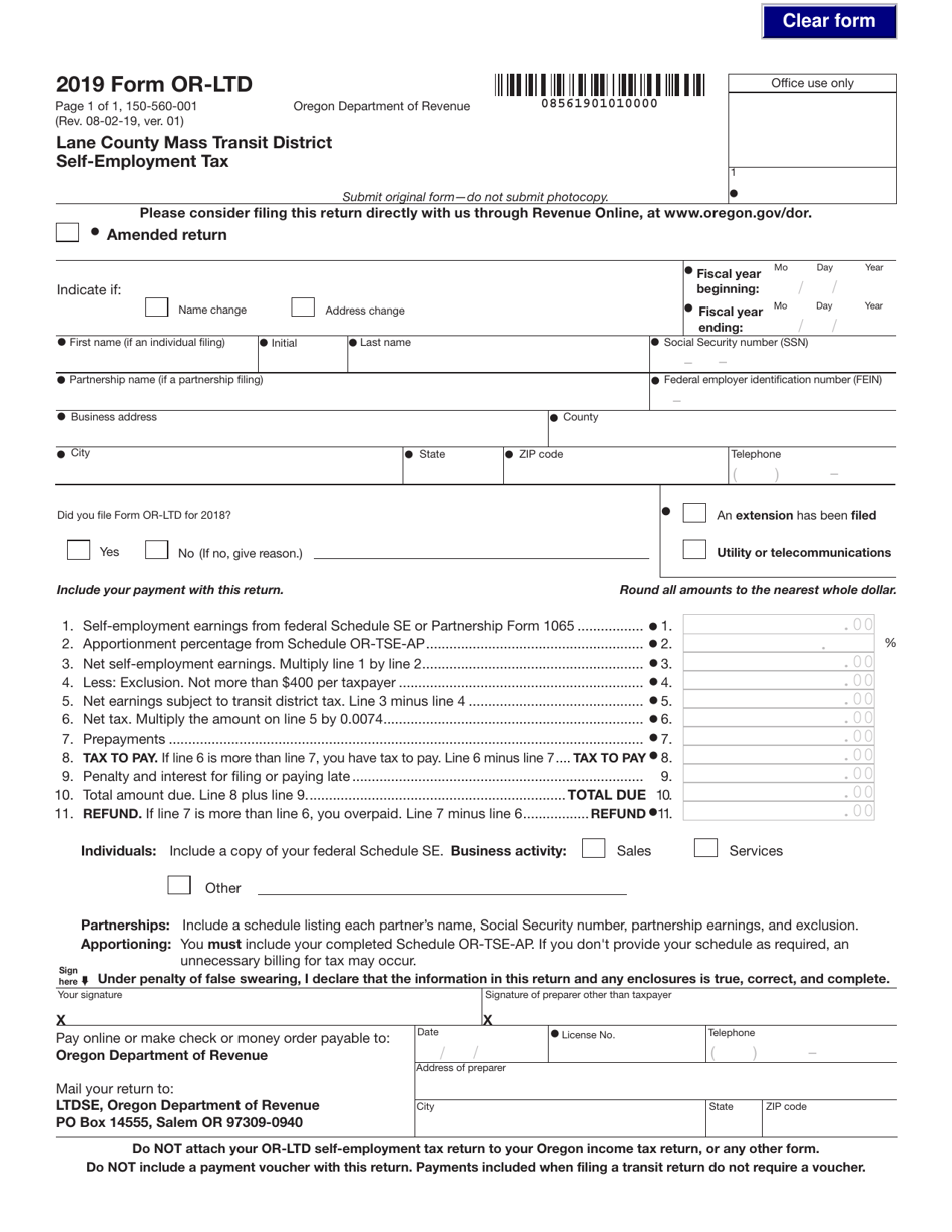 Form OR-LTD (150-560-001) Lane County Mass Transit District Self-employment Tax - Oregon, Page 1