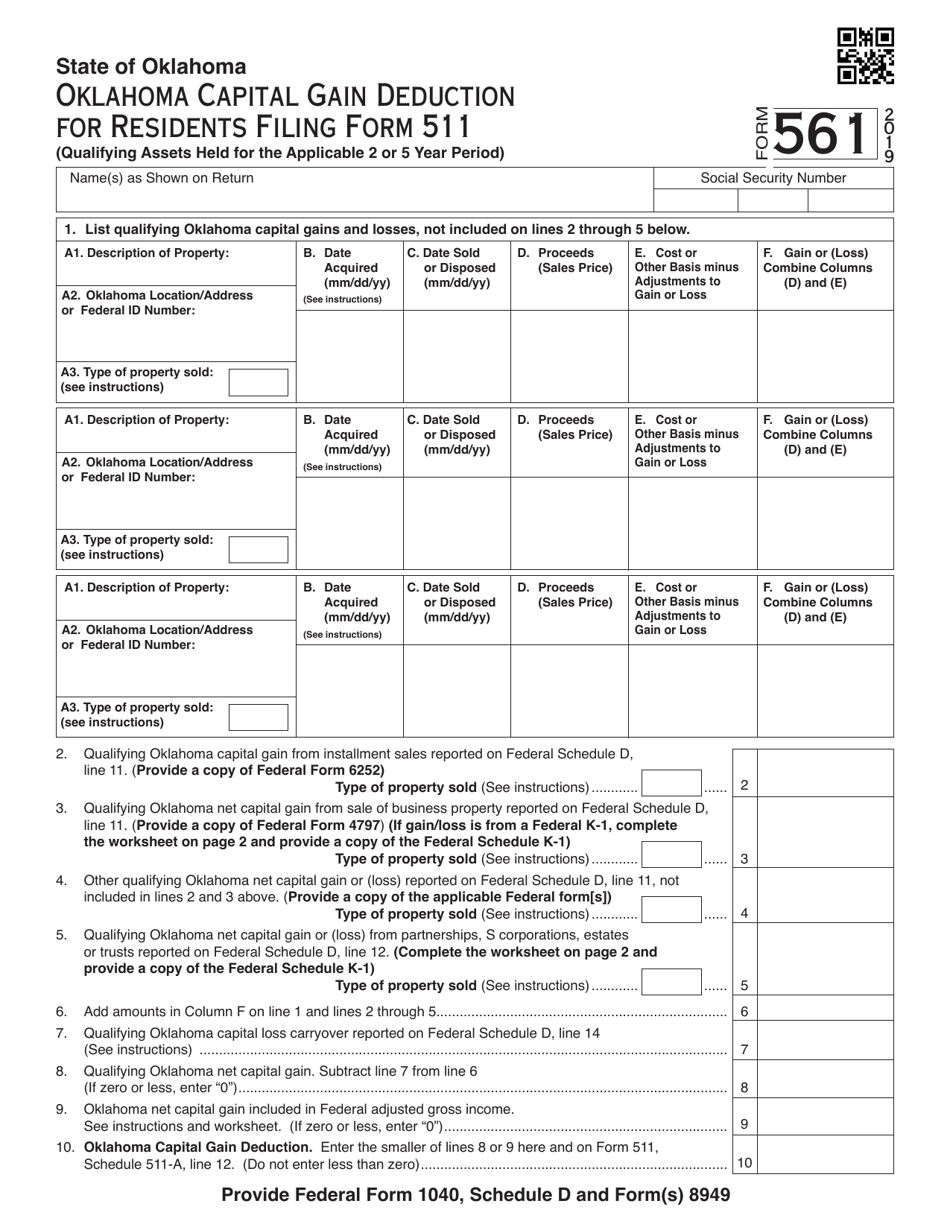 Form 561 Oklahoma Capital Gain Deduction for Residents Filing Form 511 - Oklahoma, Page 1