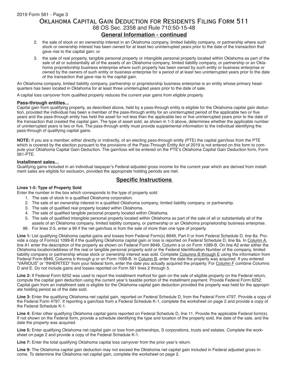 Form 561 Oklahoma Capital Gain Deduction for Residents Filing Form 511 - Oklahoma, Page 3