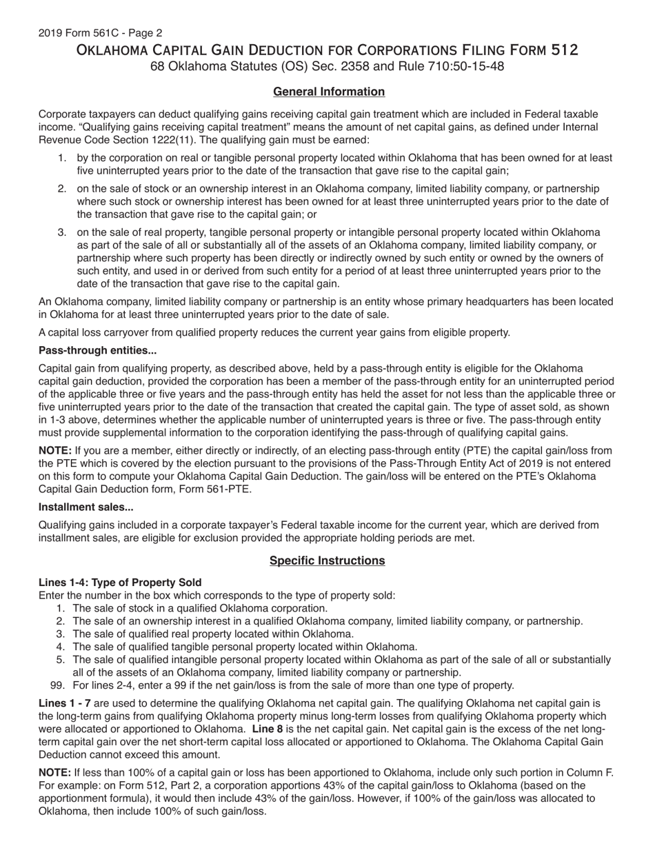 Form 561C Oklahoma Capital Gain Deduction for Corporations Filing Form 512 - Oklahoma, Page 2