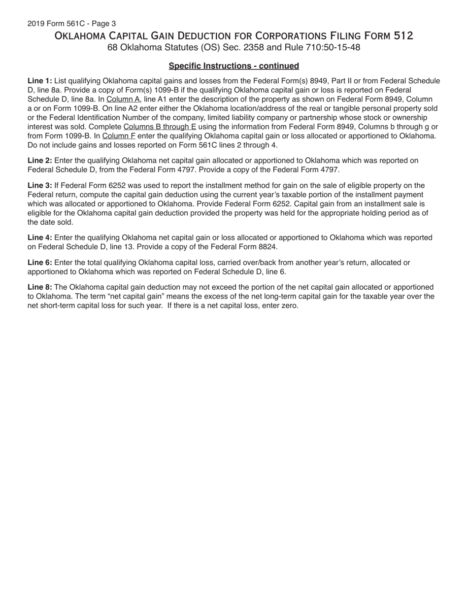 Form 561C Oklahoma Capital Gain Deduction for Corporations Filing Form 512 - Oklahoma, Page 3