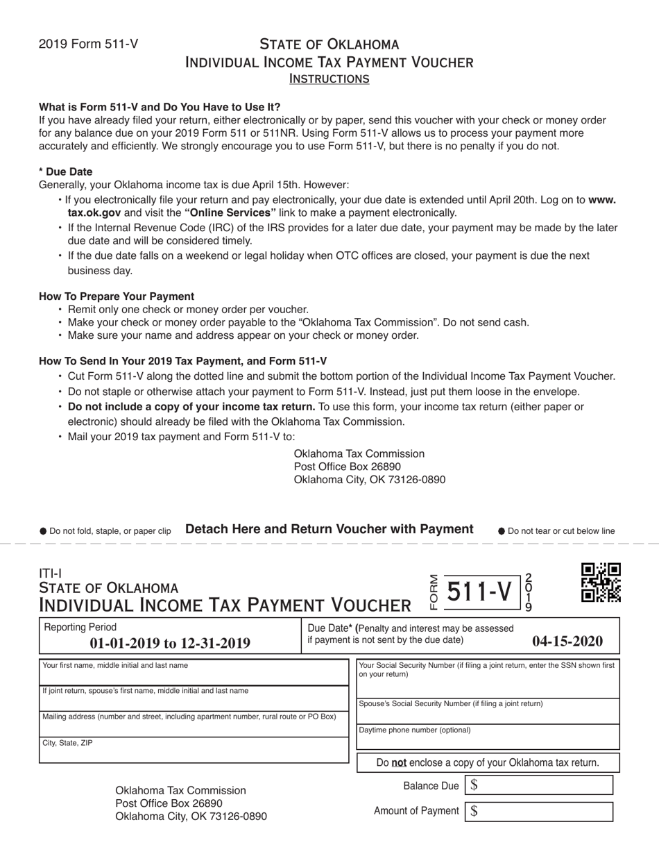 Form 511-V Individual Income Tax Payment Voucher - Oklahoma, Page 1
