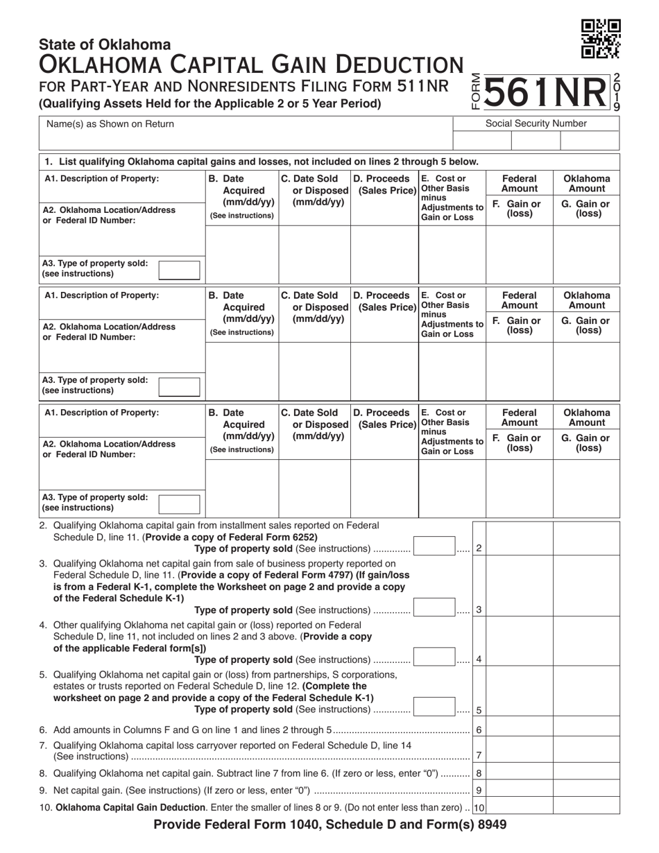 Form 561NR Oklahoma Capital Gain Deduction for Part-Year and Nonresidents Filing Form 511nr - Oklahoma, Page 1