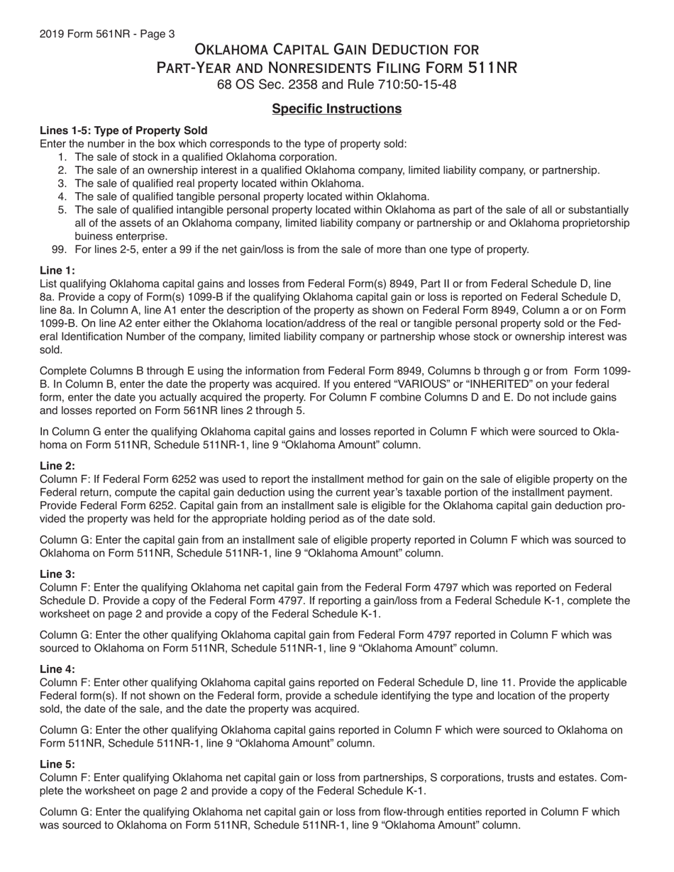 Form 561NR Oklahoma Capital Gain Deduction for Part-Year and Nonresidents Filing Form 511nr - Oklahoma, Page 3