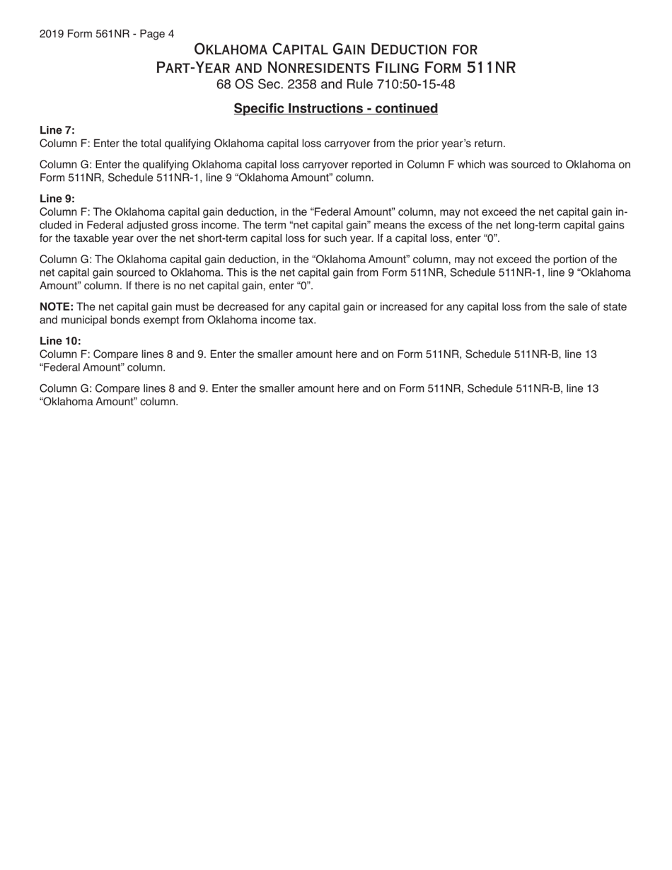 Form 561NR Oklahoma Capital Gain Deduction for Part-Year and Nonresidents Filing Form 511nr - Oklahoma, Page 4