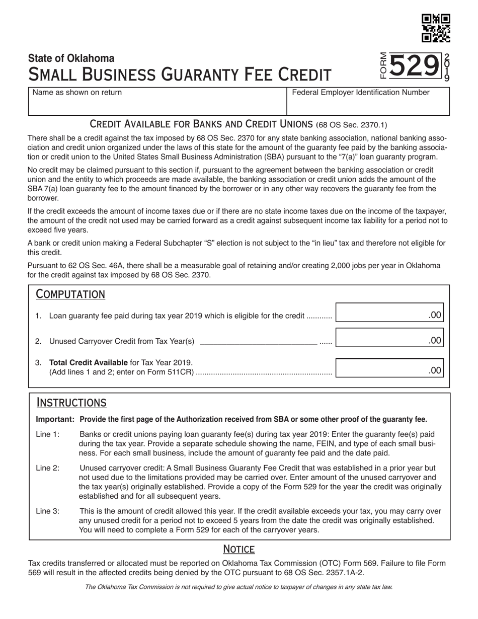 Form 529 Small Business Guaranty Fee Credit - Oklahoma, Page 1