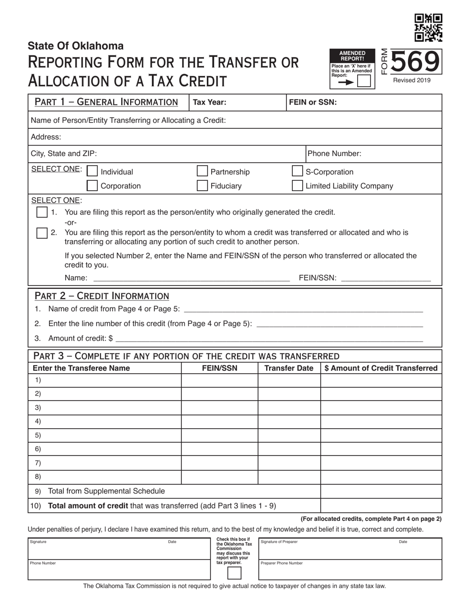 Form 569 Reporting Form for the Transfer or Allocation of a Tax Credit - Oklahoma, Page 1