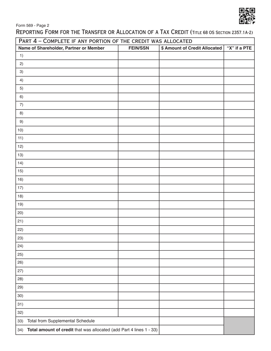 Form 569 Reporting Form for the Transfer or Allocation of a Tax Credit - Oklahoma, Page 2