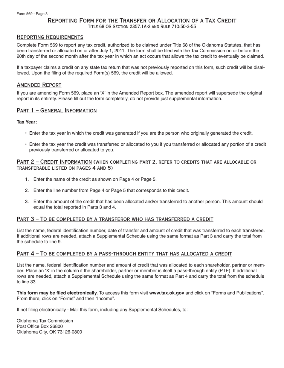 Form 569 Reporting Form for the Transfer or Allocation of a Tax Credit - Oklahoma, Page 3