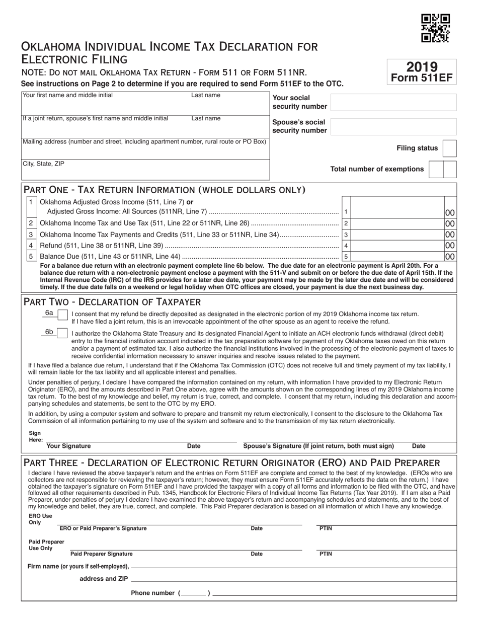 Form 511EF Oklahoma Individual Income Tax Declaration for Electronic Filing - Oklahoma, Page 1