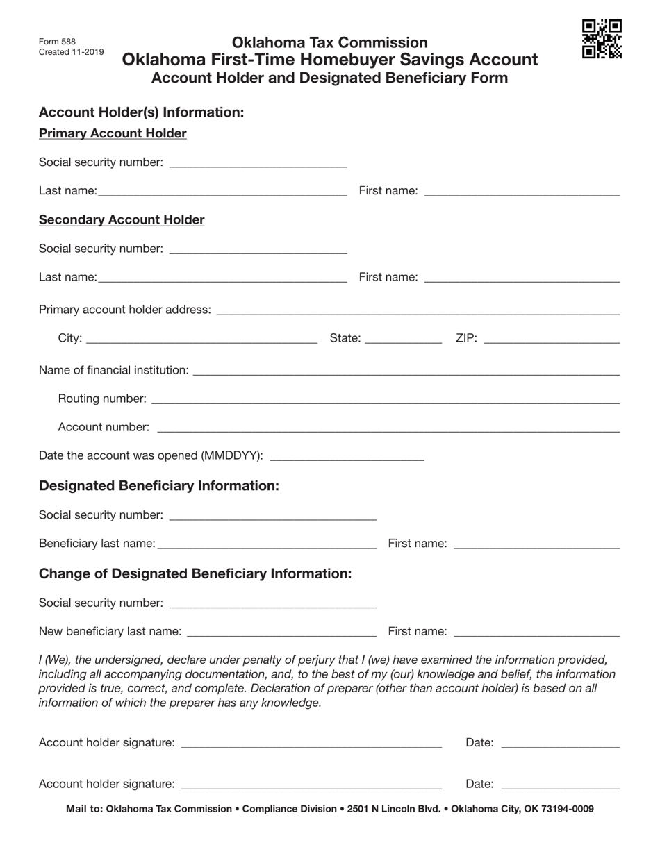 Form 588 Oklahoma First-Time Homebuyer Savings Account - Account Holder and Designated Beneficiary Form - Oklahoma, Page 1