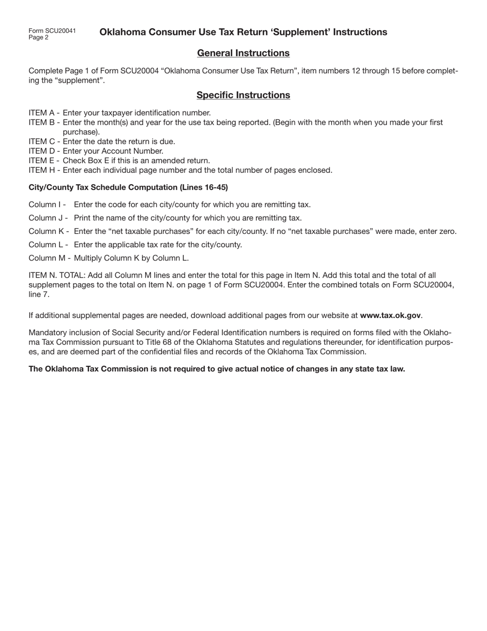 Form SCU20041 Consumer Use Tax Return supplement - Oklahoma, Page 2