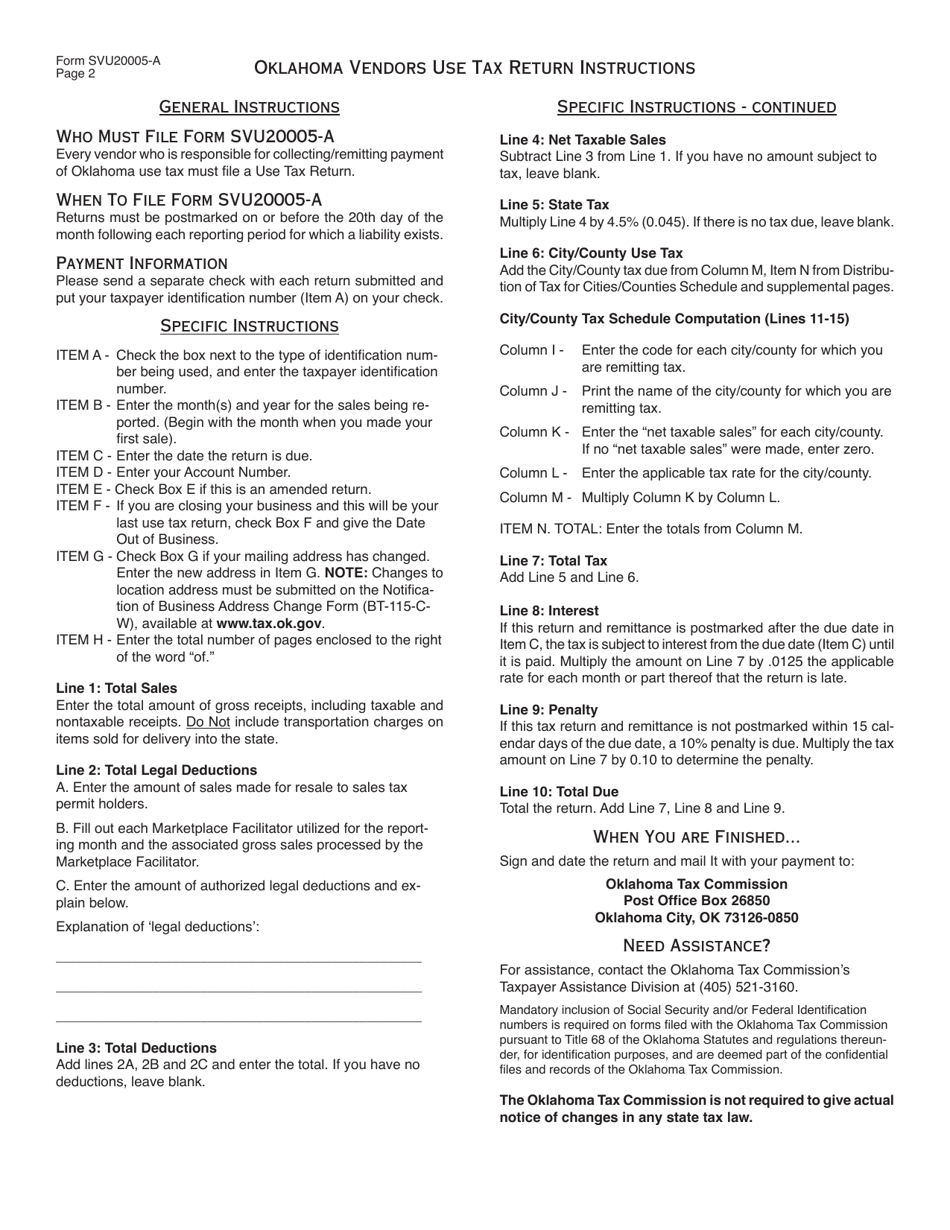 Form SVU20005-A Oklahoma Vendor Use Tax Return (For Filing Returns After July 1, 2017) - Oklahoma, Page 3