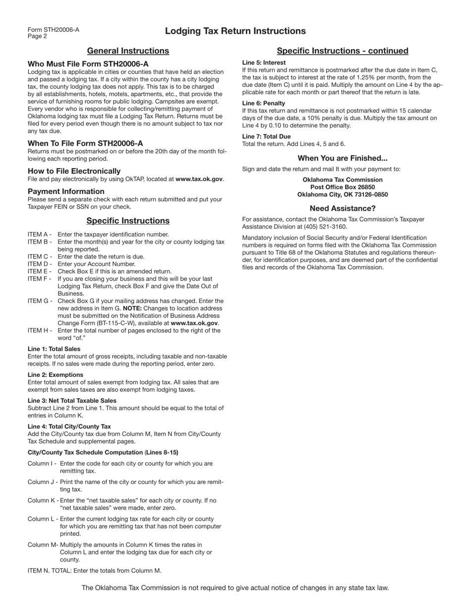 Form STH20006-A Lodging Tax Return (For Filing Returns After July 1, 2017) - Oklahoma, Page 3
