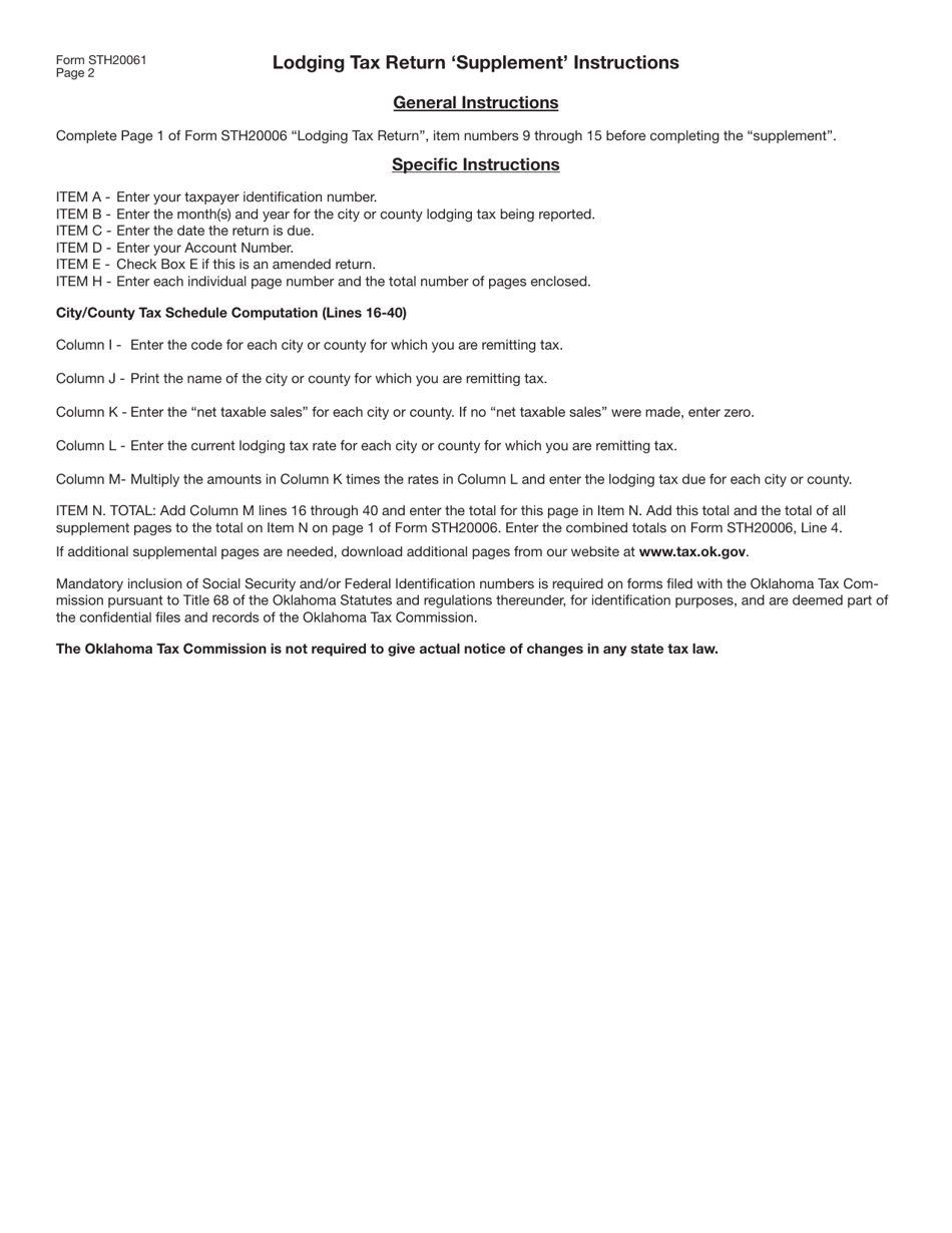 Form STH20061 Lodging Tax Return supplement - Oklahoma, Page 2