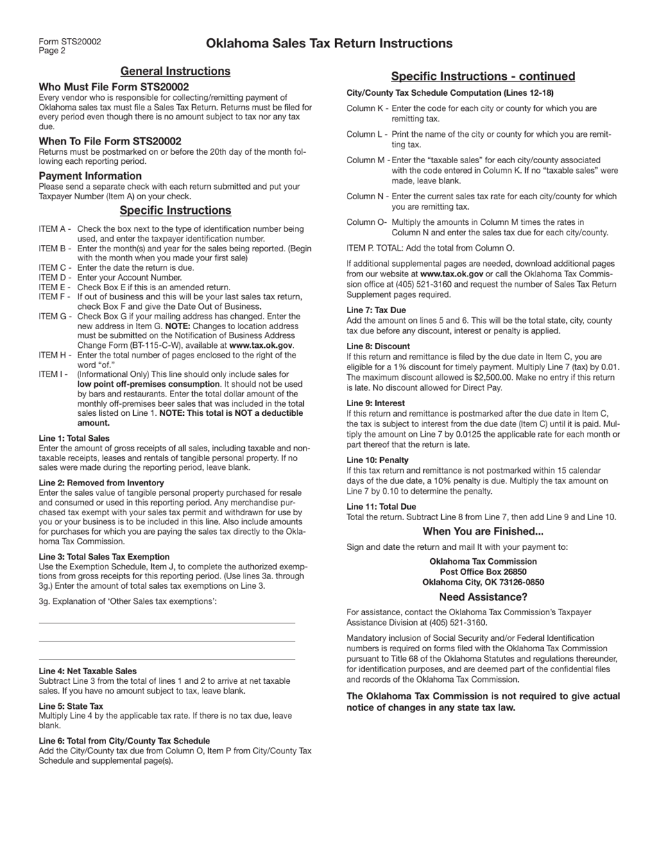 Form STS20002 Oklahoma Sales Tax Return for Filing Returns Prior to July 1, 2017 - Oklahoma, Page 3