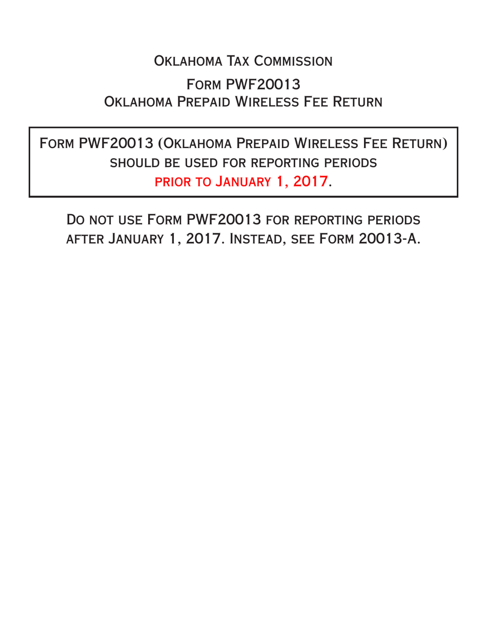 Form PWF20013 Oklahoma Prepaid Wireless Fee Report (For Reporting Periods Prior to January 1, 2017) - Oklahoma, Page 1