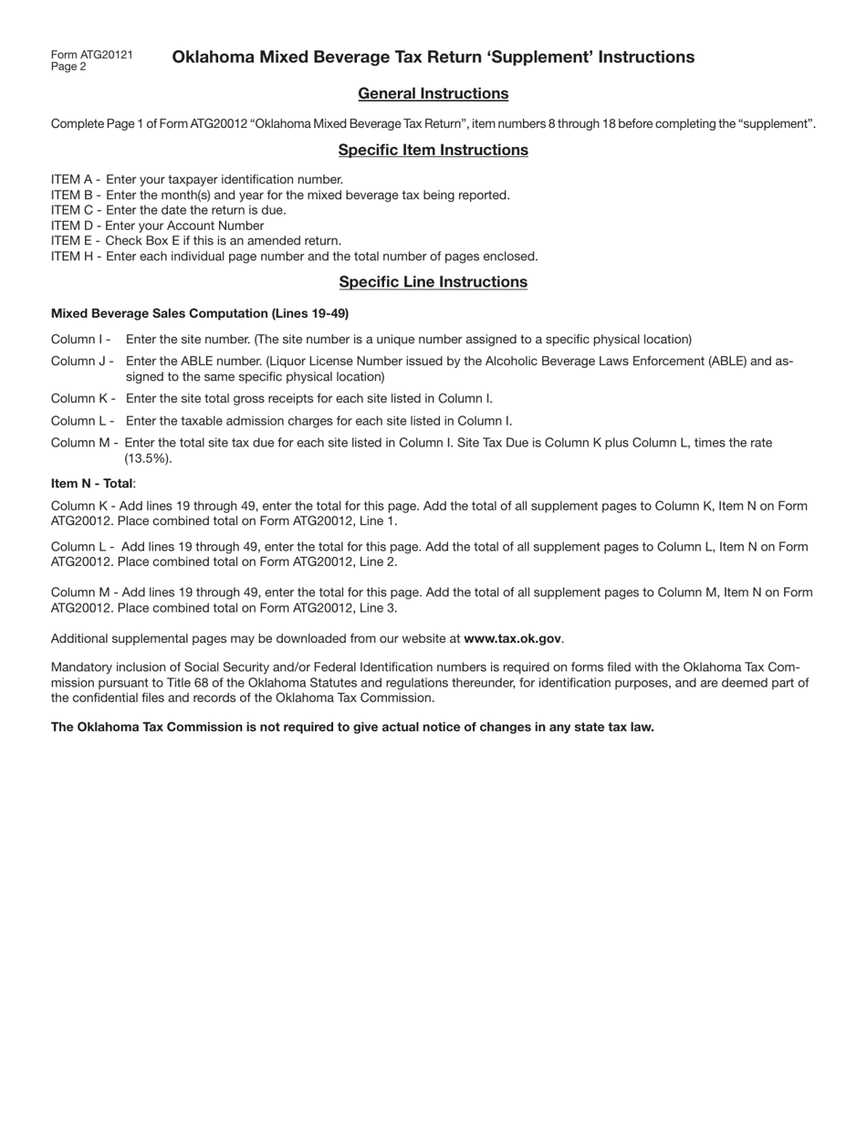 Form ATG20121 Oklahoma Mixed Beverage Tax Return supplement - Oklahoma, Page 2