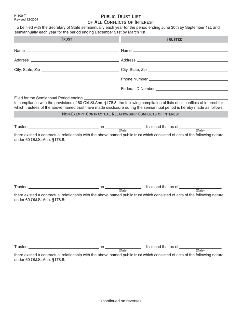 Form H-100-T Public Trust List of All Conflicts of Interest - Oklahoma, Page 1
