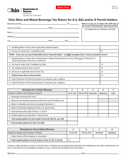 Form ALC37 Ohio Wine and Mixed Beverage Tax Return for a-2, B2a and/or S Permit Holders - Ohio
