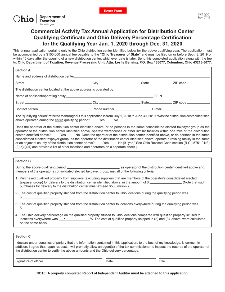 Form CAT QDC Commercial Activity Tax Annual Application for Distribution Center Qualifying Certificate and Ohio Delivery Percentage Certification - Ohio, Page 1