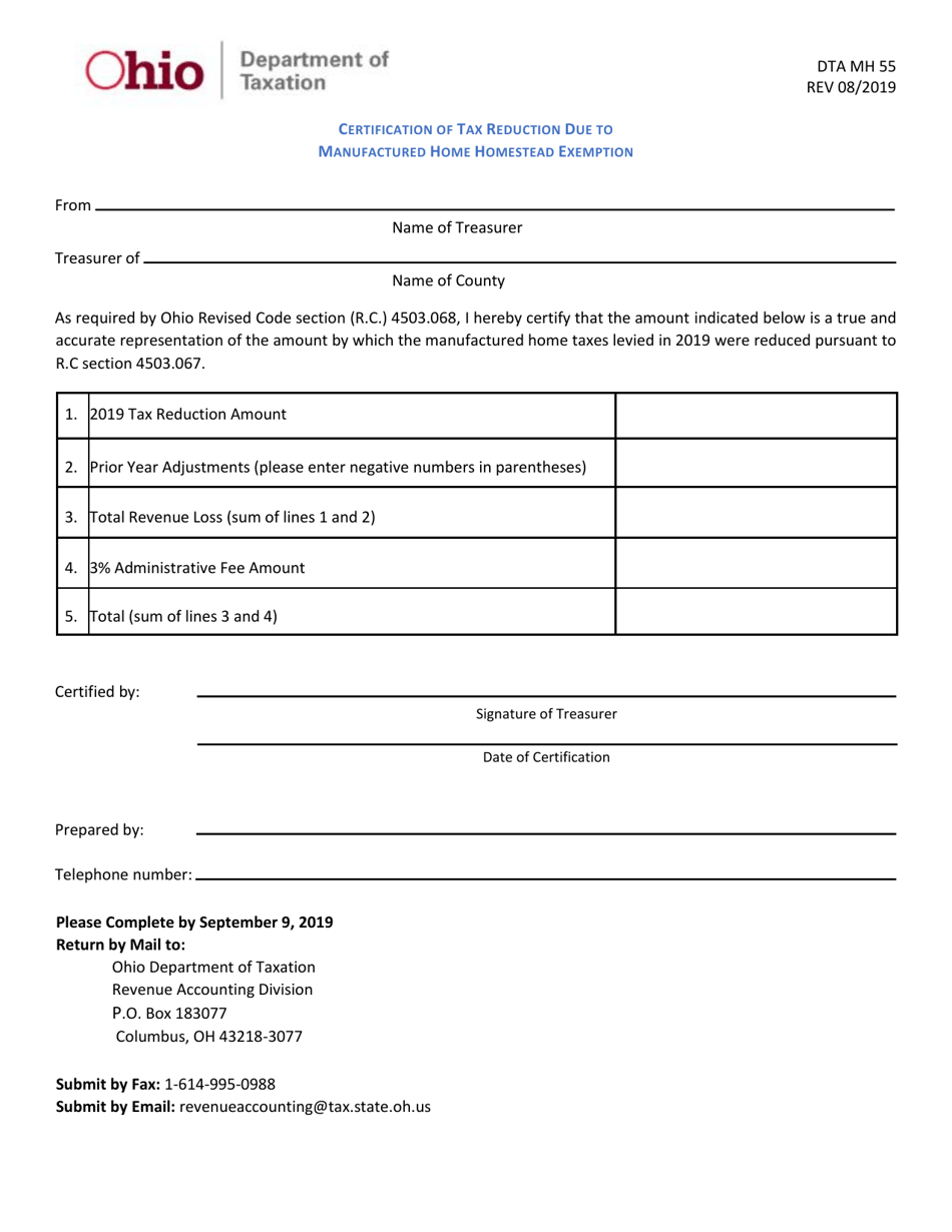 Form DTA MH55 Certification of Tax Reduction Due to Manufactured Home Homestead Exemption - Ohio, Page 1