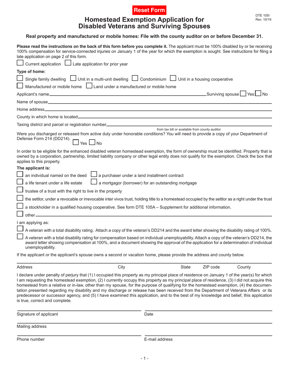 Form DTE105I Homestead Exemption Application for Disabled Veterans and Surviving Spouses - Ohio, Page 1