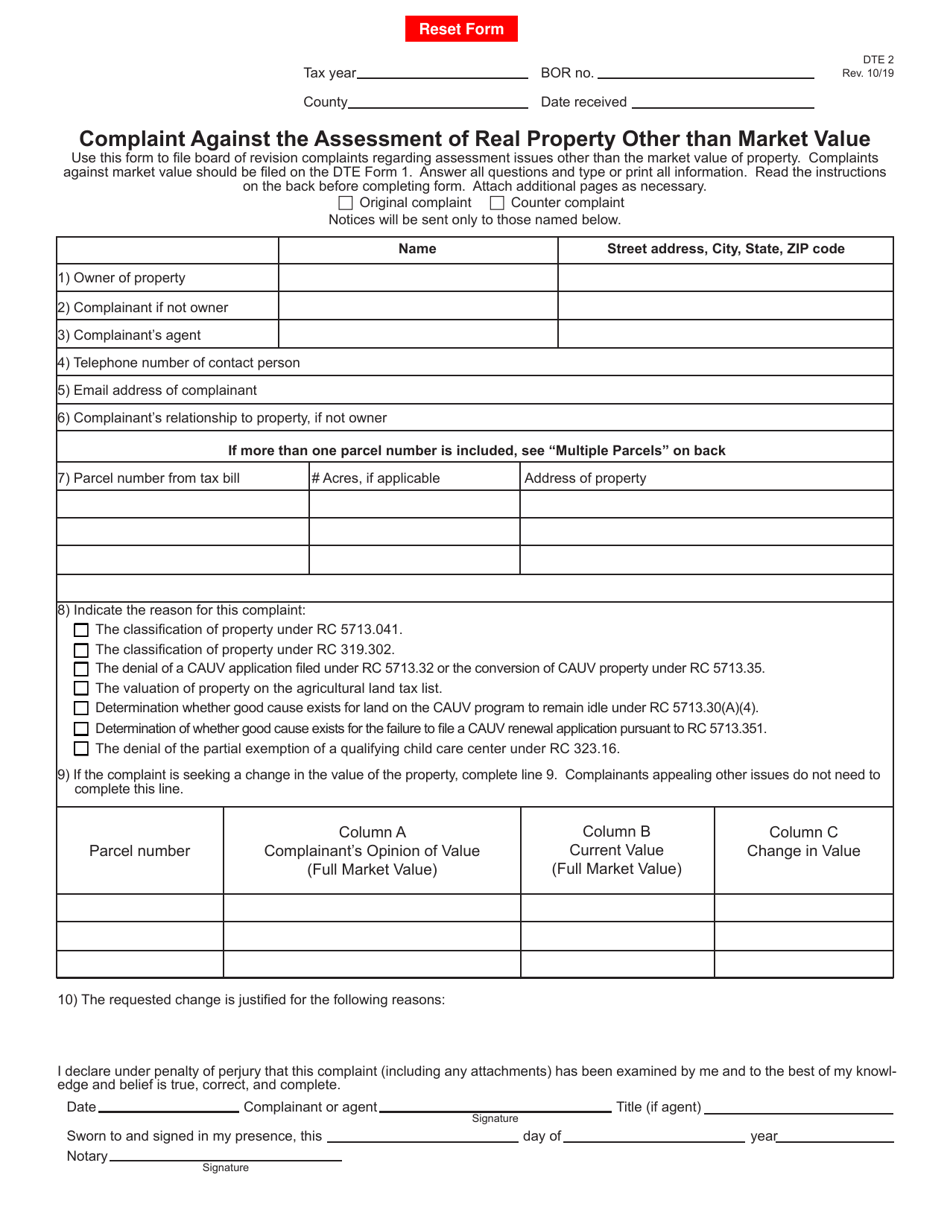 Form DTE2 Complaint Against the Assessment of Real Property Other Than Market Value - Ohio, Page 1