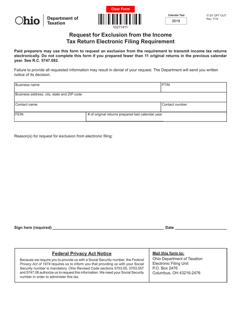 Form IT EF OPT OUT Request for Exclusion From the Income Tax Return Electronic Filing Requirement - Ohio