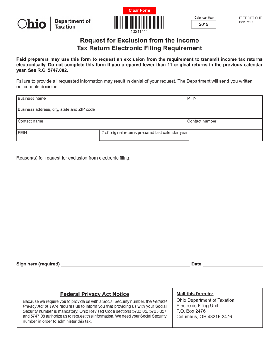 Form IT EF OPT OUT Request for Exclusion From the Income Tax Return Electronic Filing Requirement - Ohio, Page 1