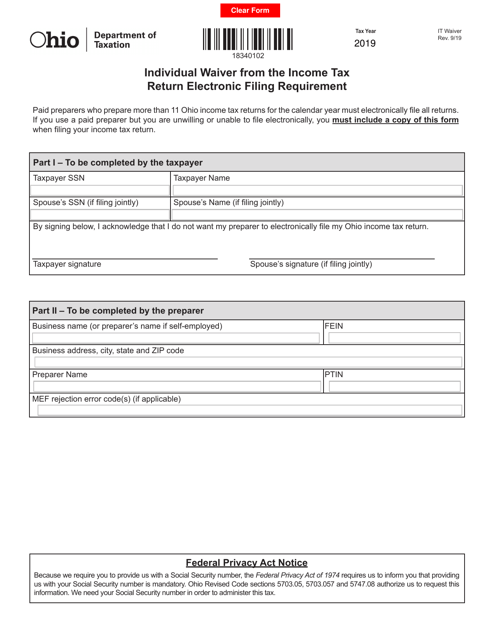 Form IT WAIVER Individual Waiver From the Income Tax Return Electronic Filing Requirement - Ohio