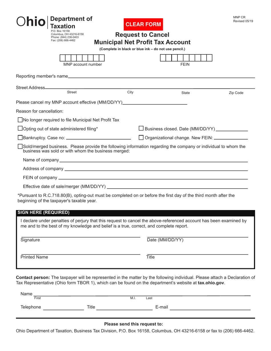 Form MNP CR Download Fillable PDF or Fill Online Request to Cancel  Municipal Net Profit Tax Account Ohio | Templateroller