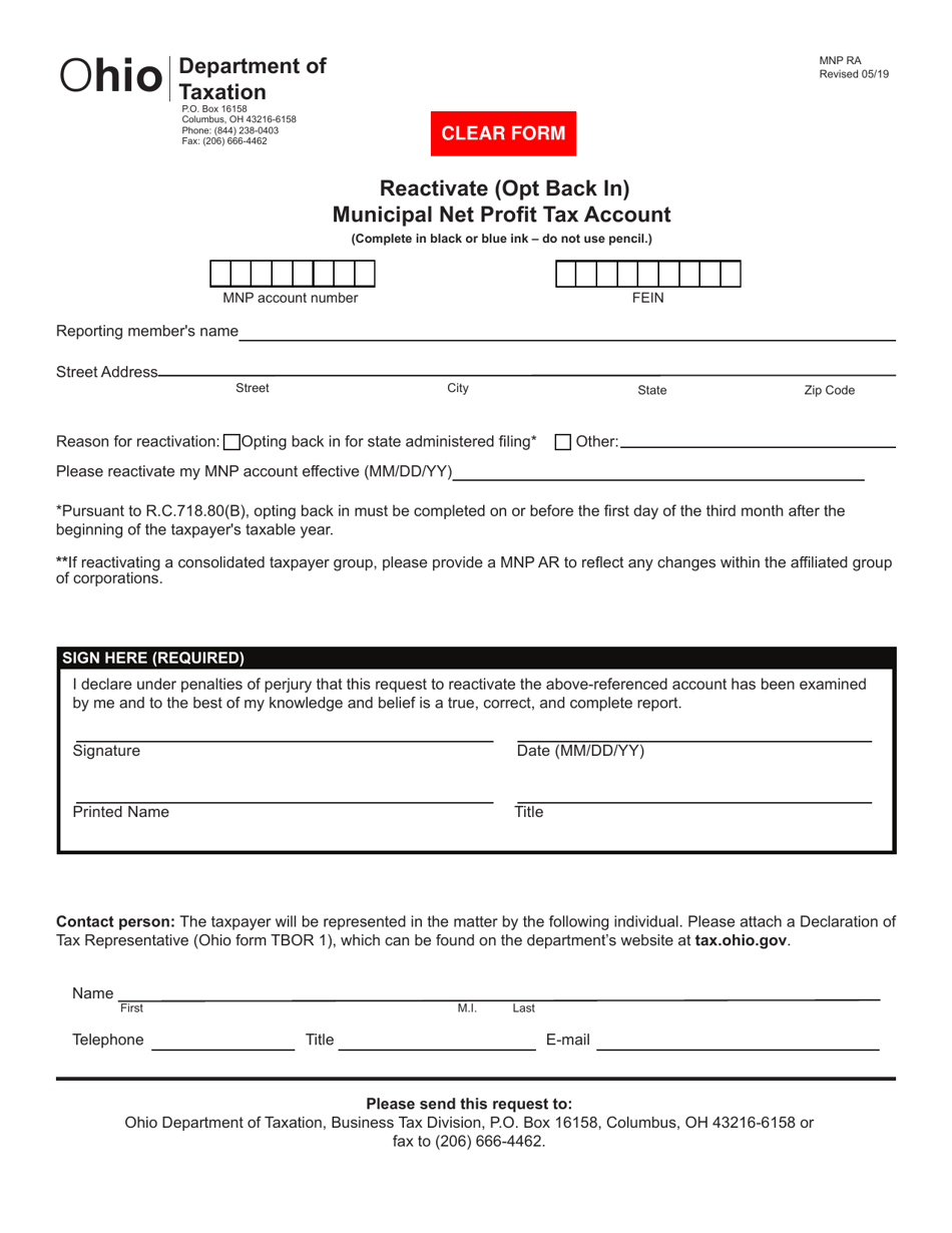 Form MNP RA Reactivate (Opt Back in) Municipal Net Profit Tax Account - Ohio, Page 1