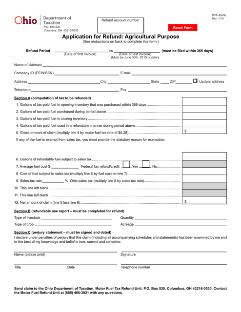 Form MVF-4(AG) Application for Refund: Agricultural Purpose - Ohio