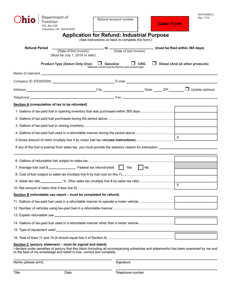 Form MVF4(IND)-2 Application for Refund: Industrial Purpose - Ohio, Page 1