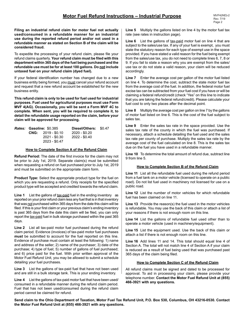 Form MVF4(IND)-2 Application for Refund: Industrial Purpose - Ohio, Page 2