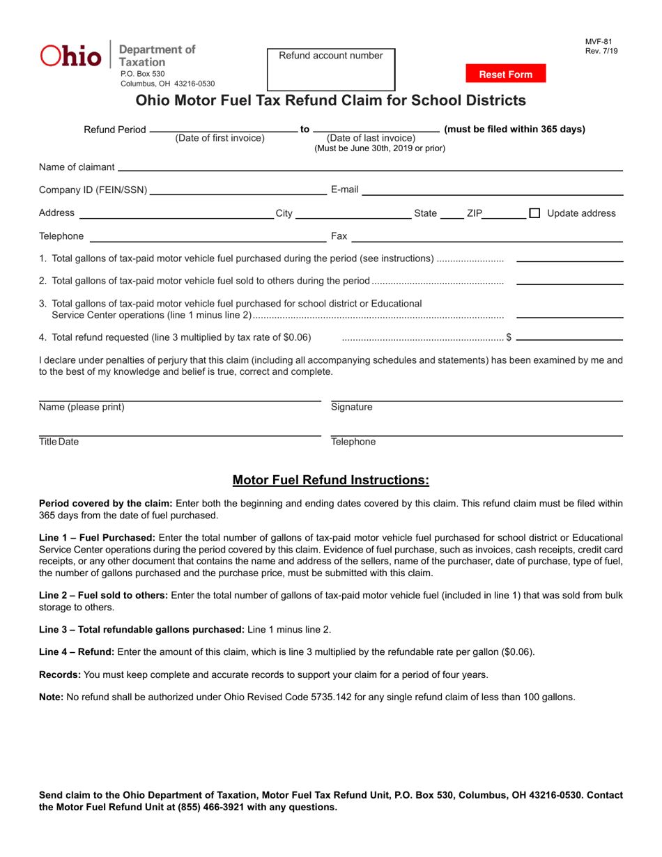 Form MVF-81 Ohio Motor Fuel Tax Refund Claim for School Districts - Ohio, Page 1