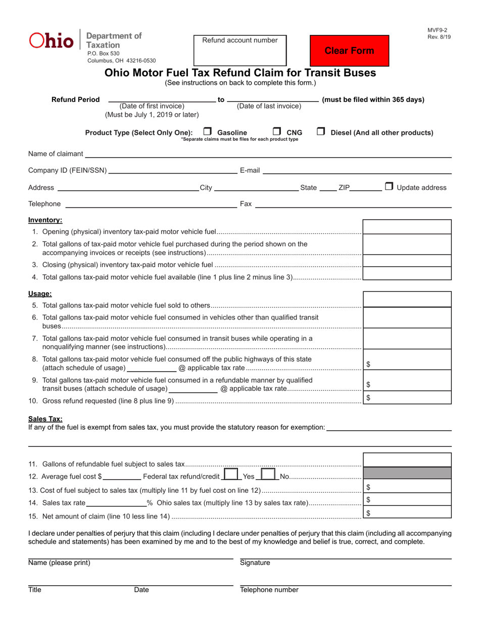 Form MVF9-2 Ohio Motor Fuel Tax Refund Claim for Transit Buses - Ohio, Page 1