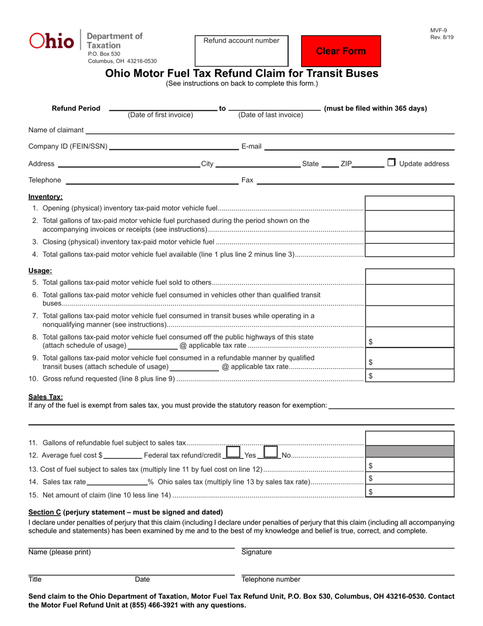 Form MVF-9 Ohio Motor Fuel Tax Refund Claim for Transit Buses - Ohio, Page 1