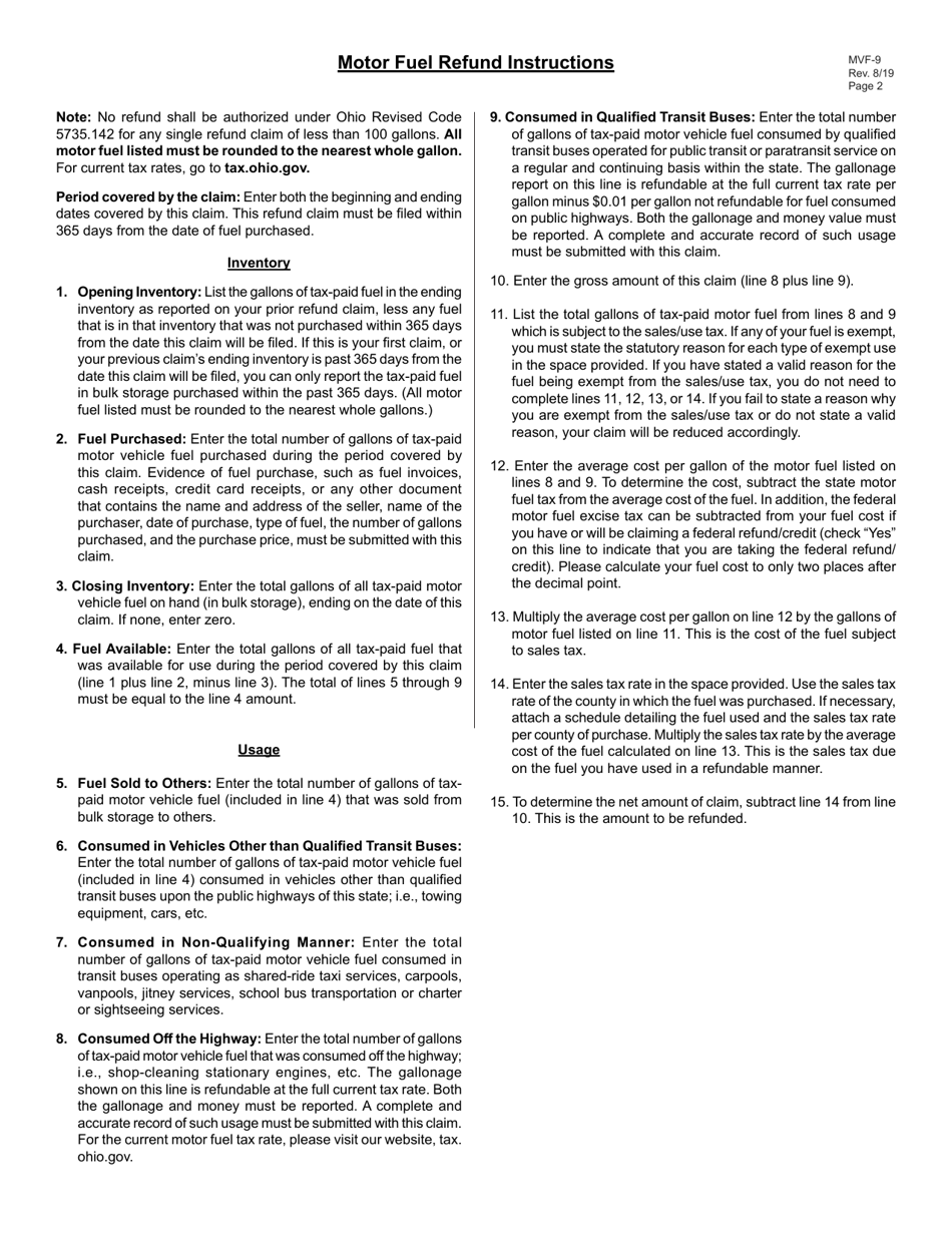 Form MVF-9 Ohio Motor Fuel Tax Refund Claim for Transit Buses - Ohio, Page 2