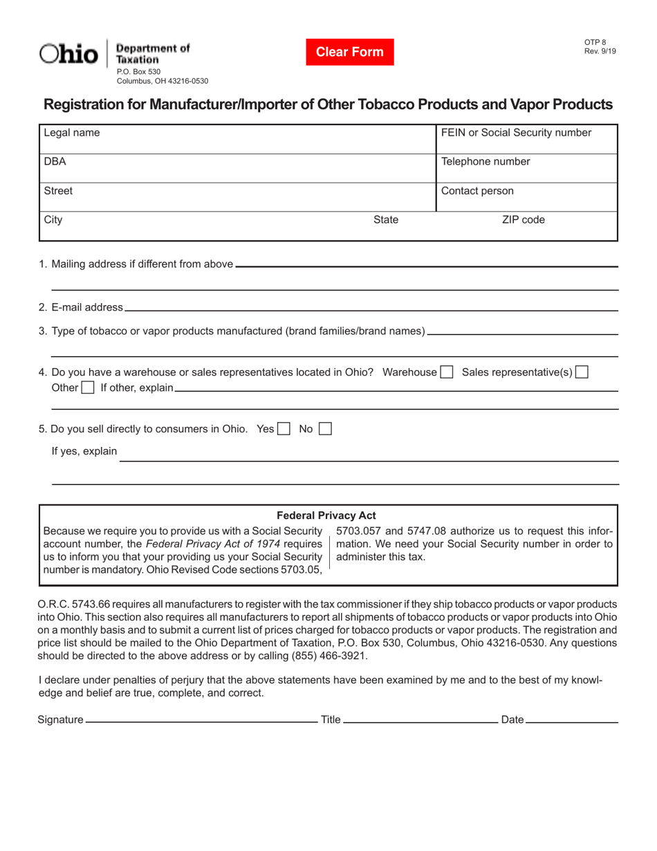 Form OTP8 Registration for Manufacturer / Importer of Other Tobacco Products and Vapor Products - Ohio, Page 1