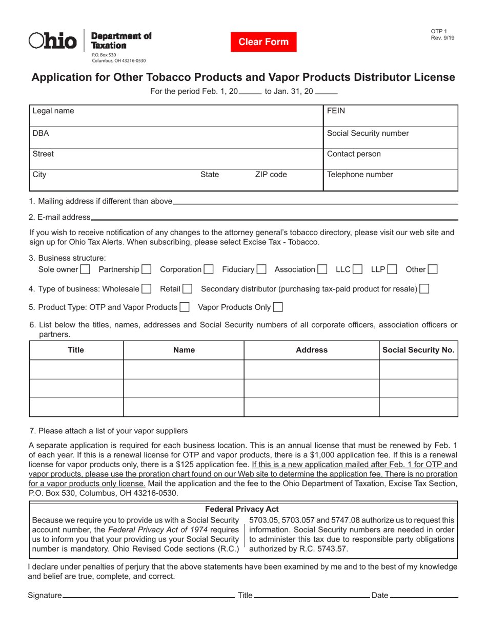 Form OTP1 Application for Other Tobacco Products and Vapor Products Distributor License - Ohio, Page 1