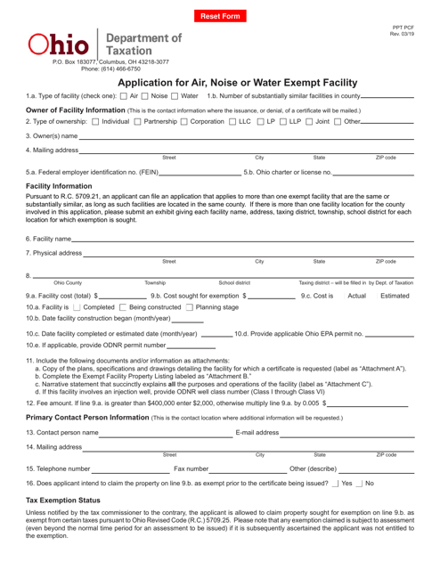 Form PPT PCF Application for Air, Noise or Water Exempt Facility - Ohio