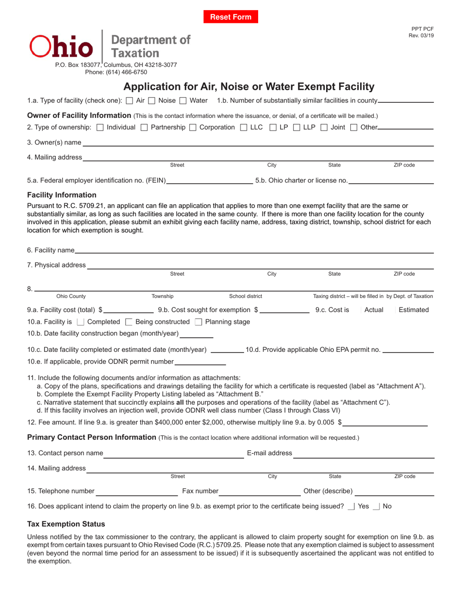Form PPT PCF Application for Air, Noise or Water Exempt Facility - Ohio, Page 1